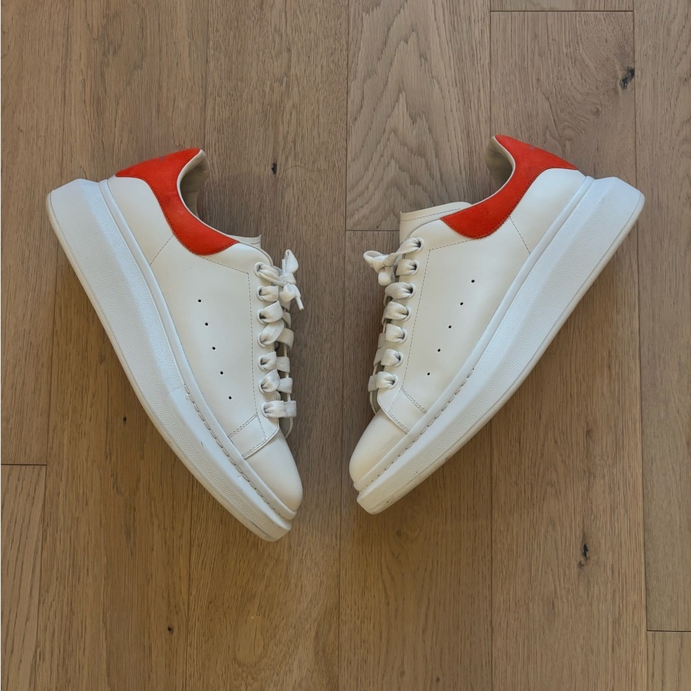 Alexander McQueen Men’s White Sneakers with Orangish Red Accents